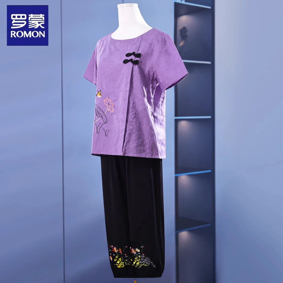 罗蒙妈妈夏装高贵套装中老年人夏女装国风刺绣短袖奶奶衣服50岁60