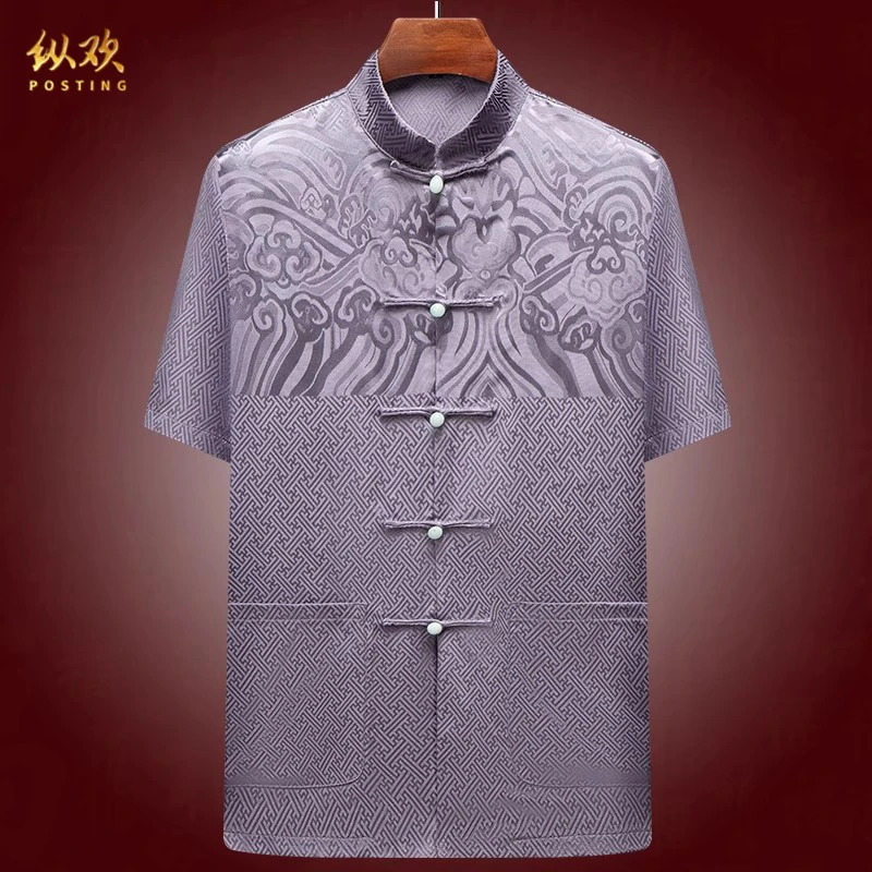 纵欢唐装男中老年人短袖套装中式夏季爸爸装中国风