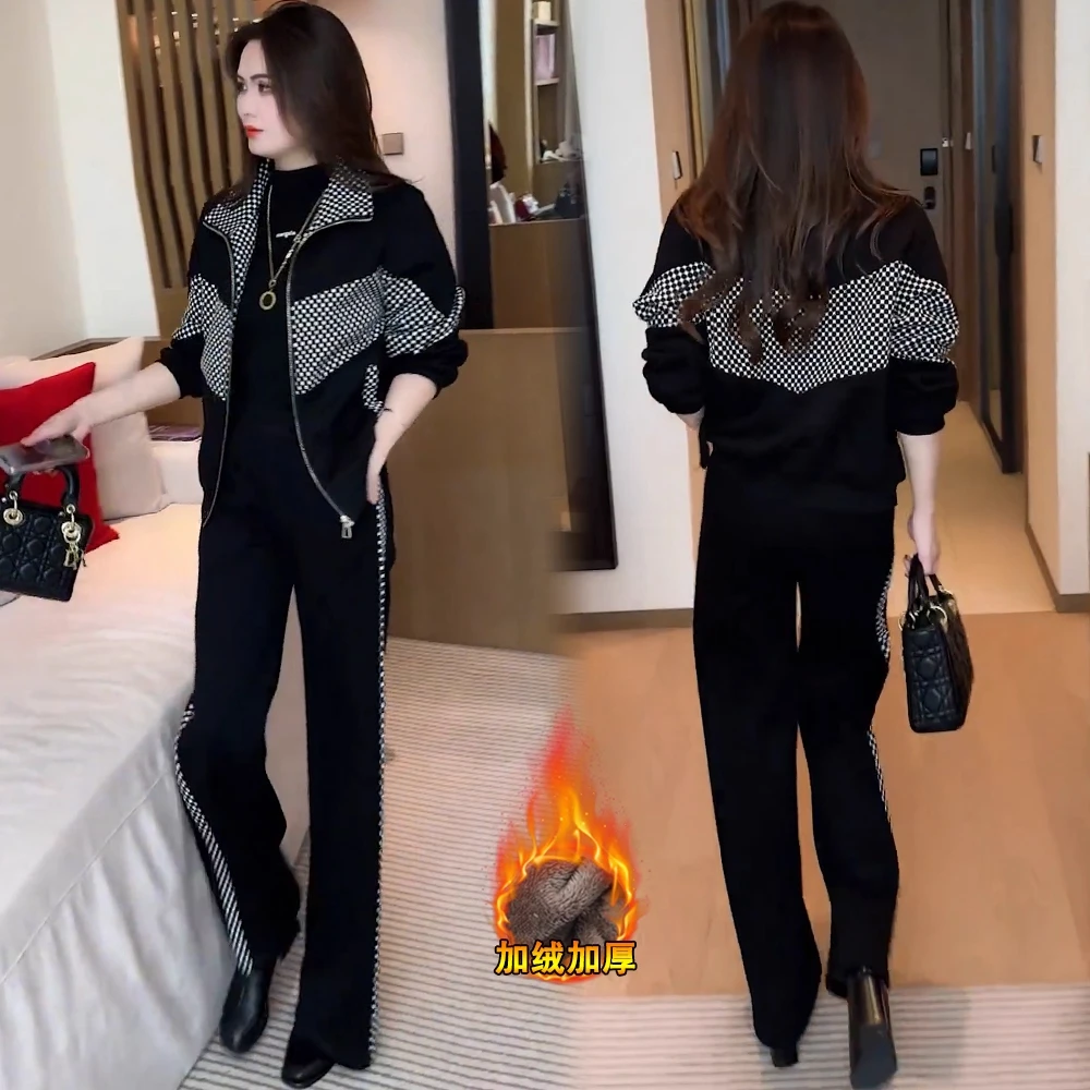 加绒加厚休闲套装女冬季新款时尚格子拼接立领外套阔腿裤两件套潮