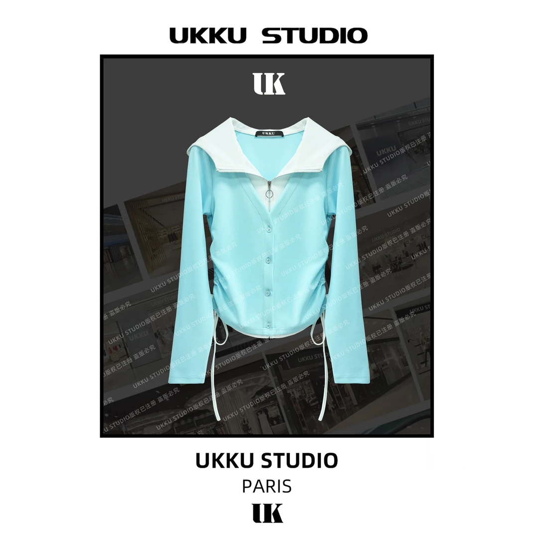 LILI【UKKUSTUDIO】新款时尚网红拼接假两件显白连帽加厚卫衣513547