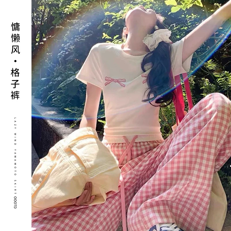 慵懒风撞色格子裤女2025夏新款显瘦小个子高腰宽松拖地休闲遛弯裤