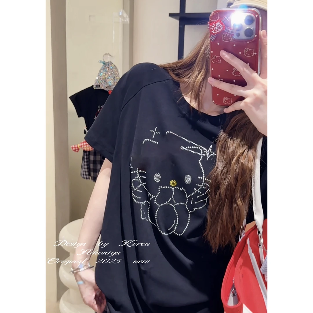 Q【天使Kitty】二Hihoniya~2025夏季亲子Kitty烫钻纯棉吸汗透气短袖