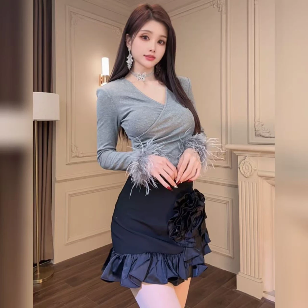 柔娜定制  显瘦气质性感修身设计感辣妹时尚百搭上衣15266