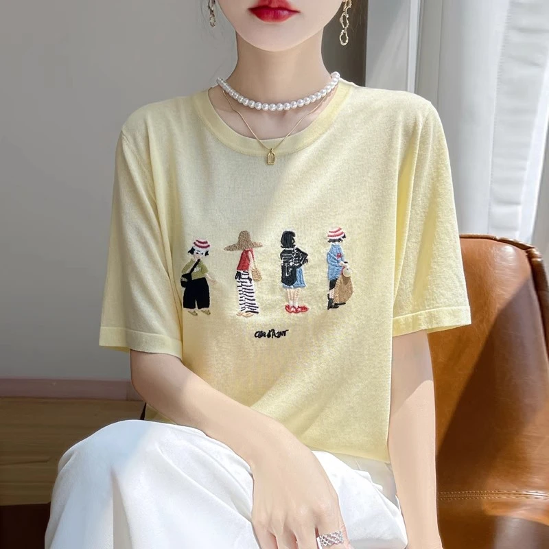 【运费险】夏季竹节麻薄款圆领刺绣卡通小孩短袖休闲套头针织上衣