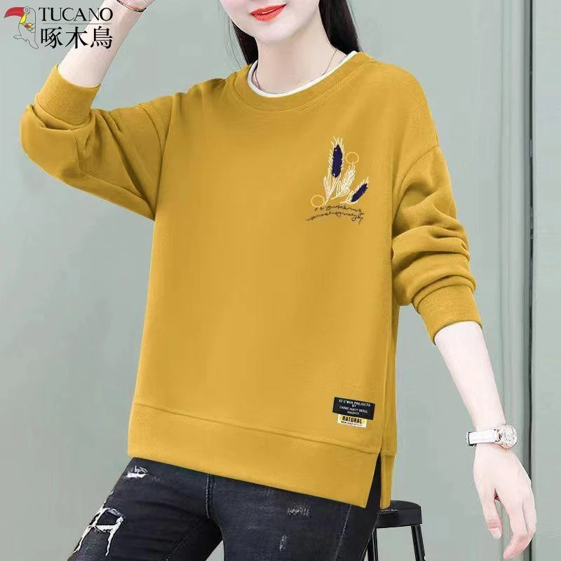 啄木鸟棉圆领印花卫衣女春季新款时尚宽松长袖遮肉连帽打底衫女