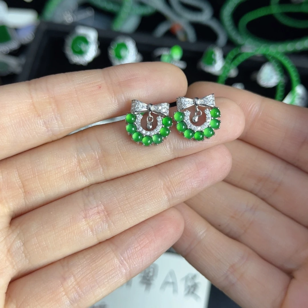 翡翠银S925镶嵌戒指翡翠耳钉