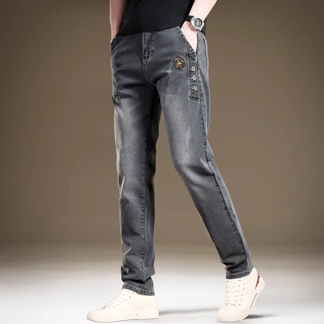高端修身直筒牛仔裤男装2025夏季薄款时尚小脚休闲潮流灰色长裤子