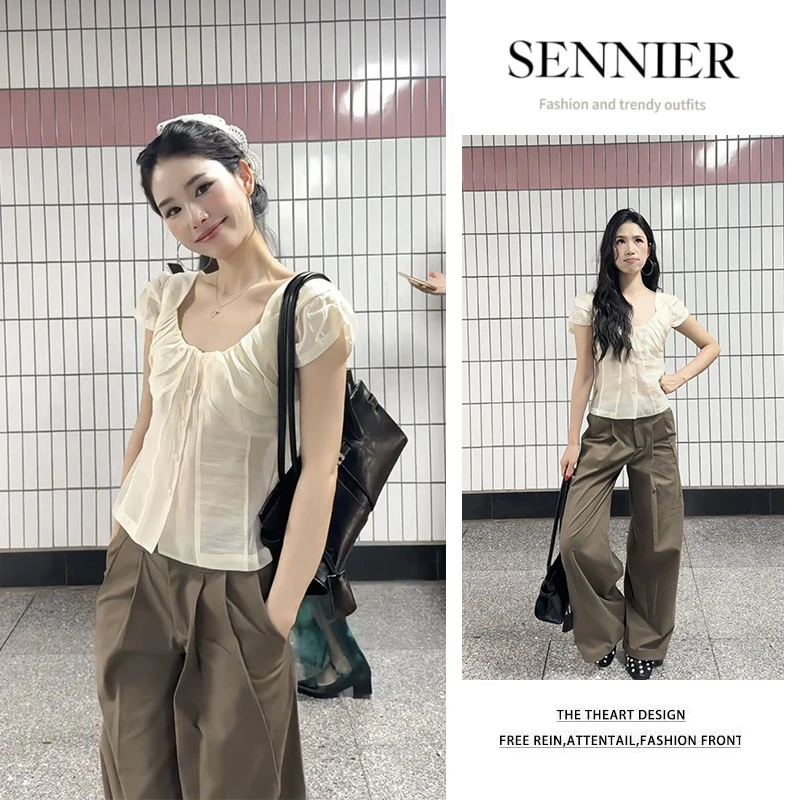 今年流行穿搭一整套2025新款百搭修身短袖衬衫显瘦阔腿裤两件套女