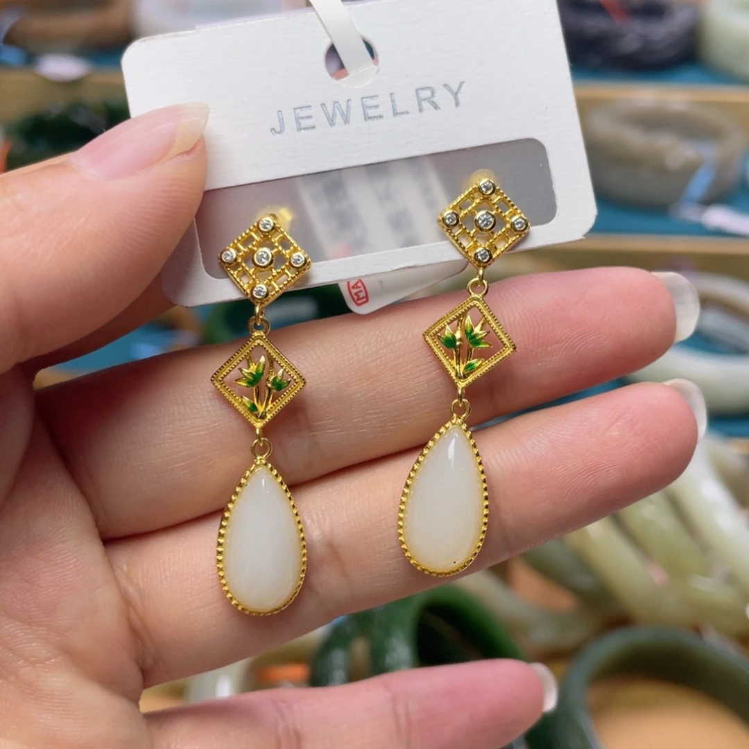 银S925镶嵌和田玉耳饰