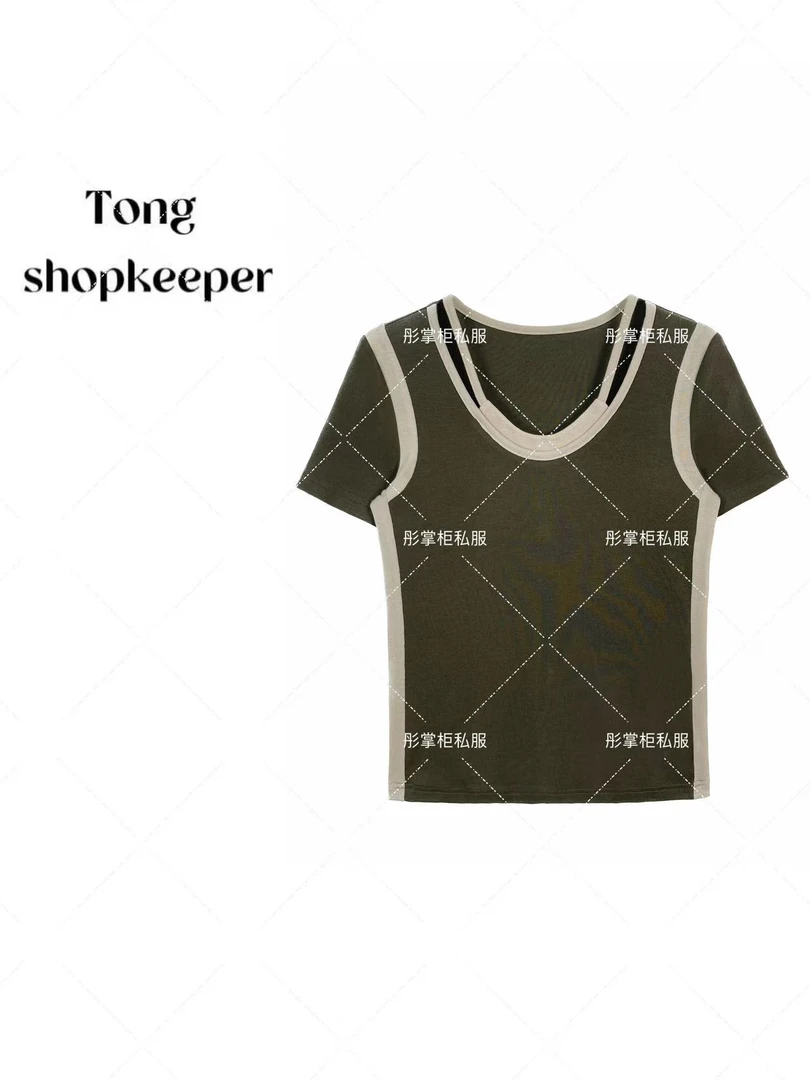 QJ/彤掌柜1681502 夏款2025假两件莱赛尔天丝羊毛新款拼接上衣