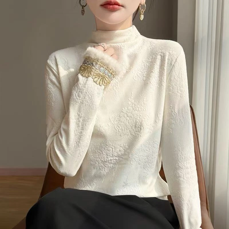 正品撤柜剪标羊毛衫中式提花加绒高领针织衫秋冬新款打底衫上衣