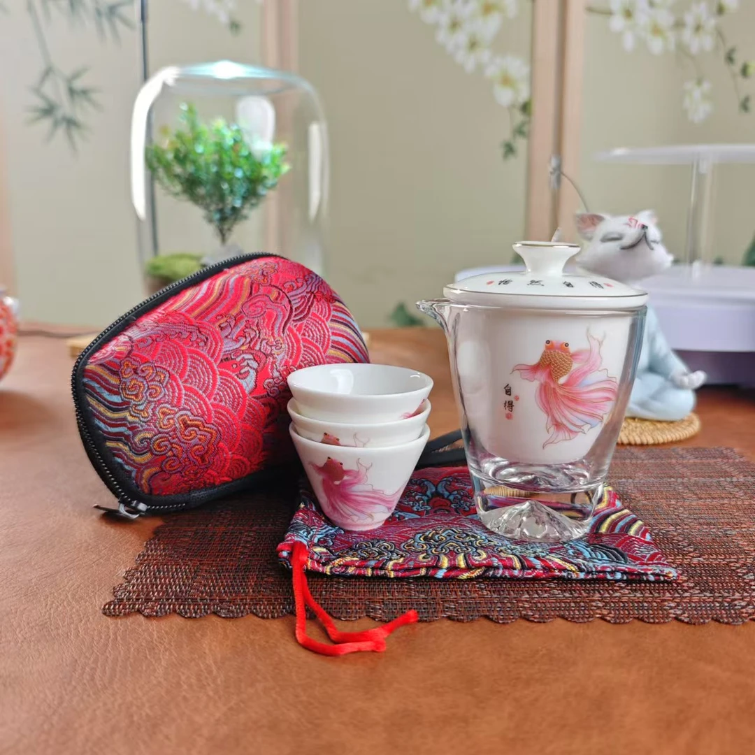 A067便携中式羊脂玉瓷怡然自得茶水分离三杯刺绣包旅行露营茶具套