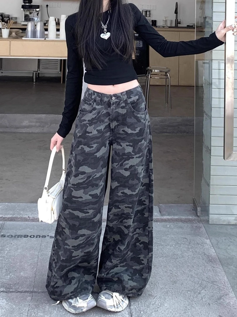 美式复古迷彩阔腿牛仔裤女2025夏季新款高腰宽松阔腿裤休闲拖地裤