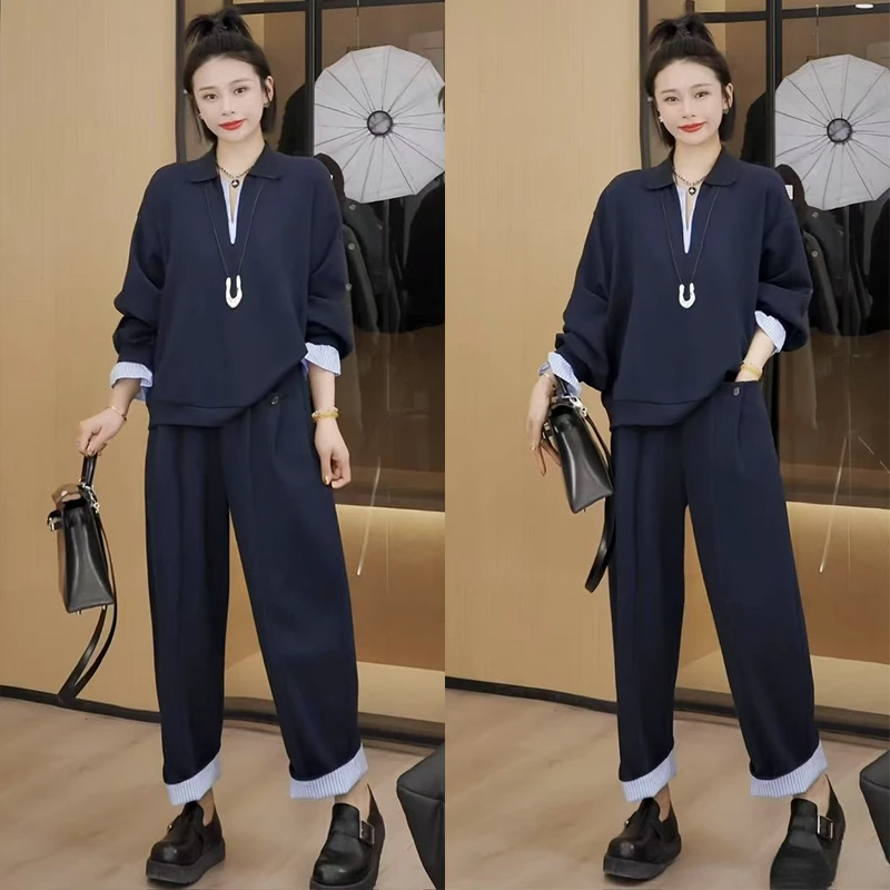 官图 宽松假两件拼接卫衣阔腿裤套装2025春秋休闲两件套慵懒女装