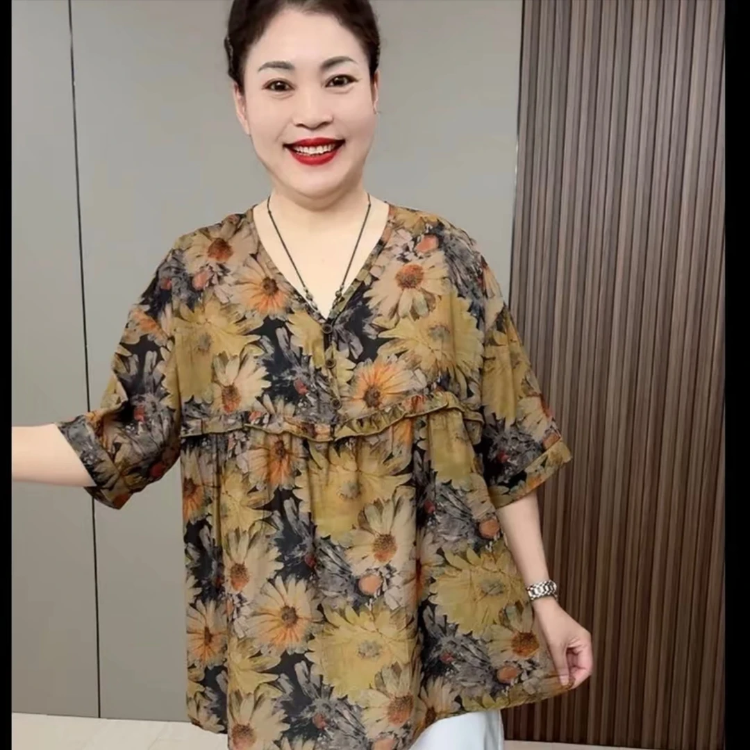 2395//大码穿搭宽松百搭V领时尚半袖T恤