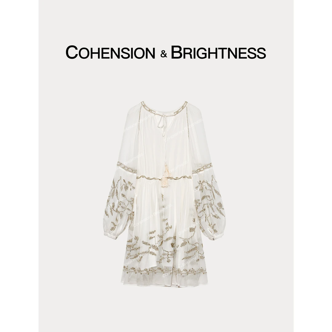 凝慧真的好【微风叶隙】春夏飘逸感系带桑蚕丝重工刺绣连衣裙LR066