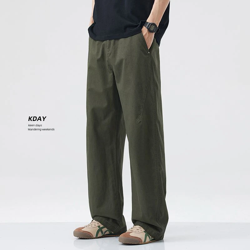 KDAY纯棉男士休闲长裤夏季薄款直筒宽松百搭时尚潮流阔腿工装裤子