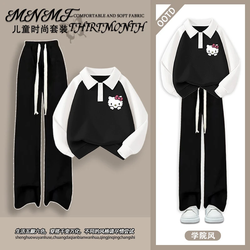 秋季新款女童polo领插肩卫衣两件套韩系凯蒂猫学院风保暖百搭套装