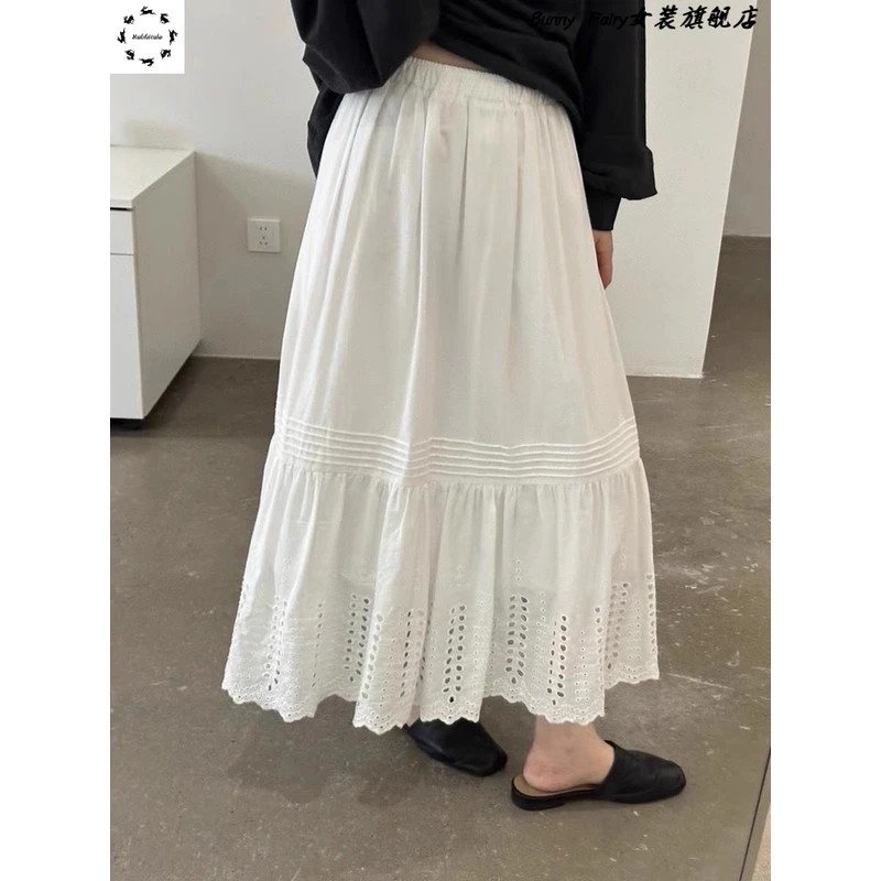 新款夏季气质白色蕾丝钩花镂空高腰显瘦半身裙女减龄洋气a字长裙