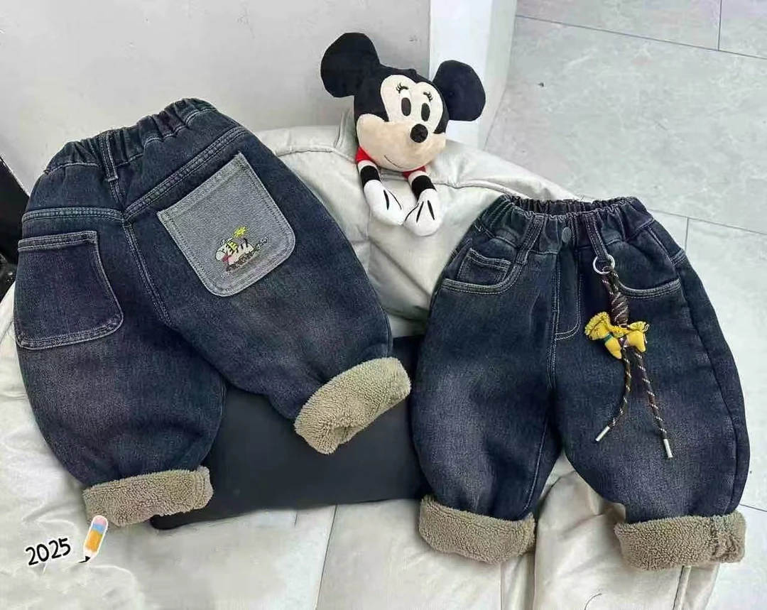 2025冬季儿童宽松卡通老爹裤男女童保暖复合一体糕糕毛牛仔裤D08