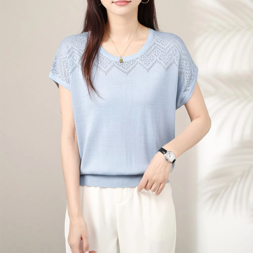 夏季新款薄款圆领镂空修身休闲遮肉百搭气质套头钩花针织衫上衣女