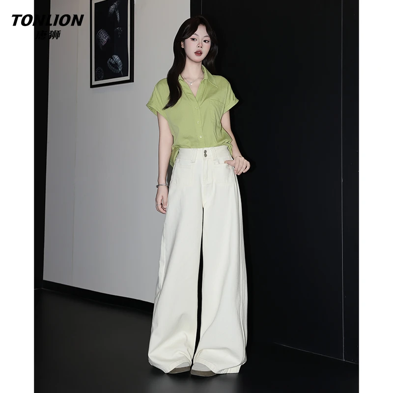 唐狮美式白色宽松阔腿牛仔裤女夏季新款高腰垂感梨形窄版直筒裤子