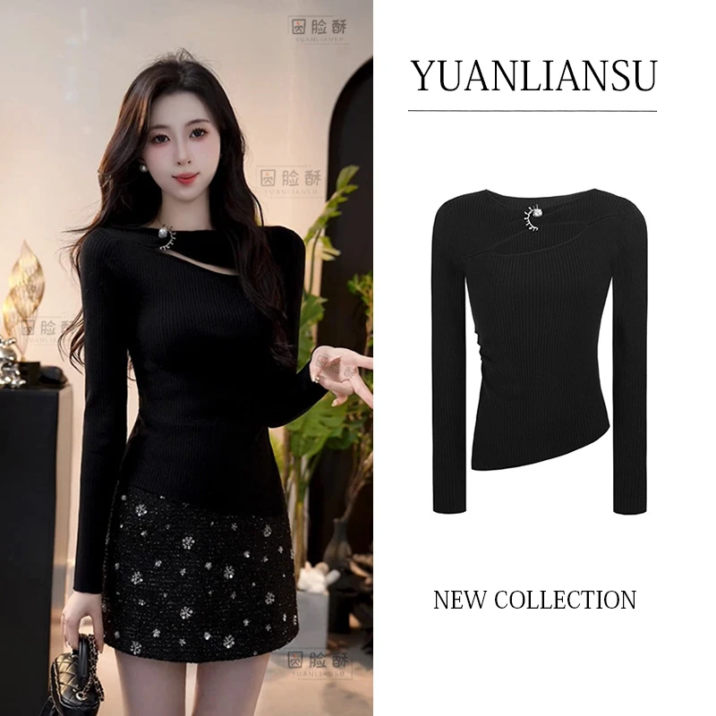 YUANLIANSU/圆脸酥【浪漫邮信】法式不规则黑色镂空修身显瘦针织衫