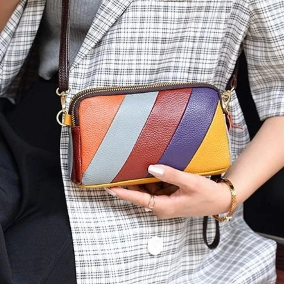 可爱风拉链暗袋拉链休闲真皮韩版斜挎包百搭复古拼接侘寂风赫本风