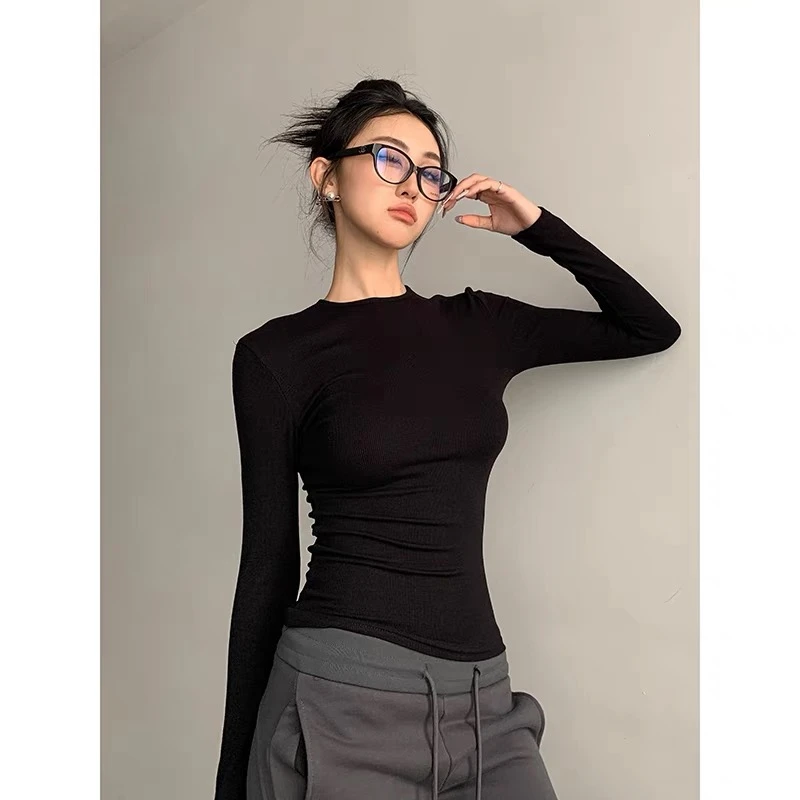 2025秋季新款辣妹修身掐腰正肩长袖T桖女时尚显瘦内搭圆领上衣