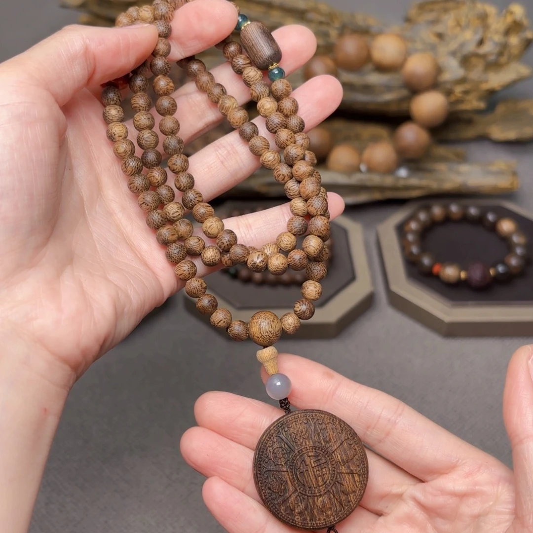 沉香手串越南芽庄白棋天花板雷击0.6+芽庄黄棋福牌雕刻