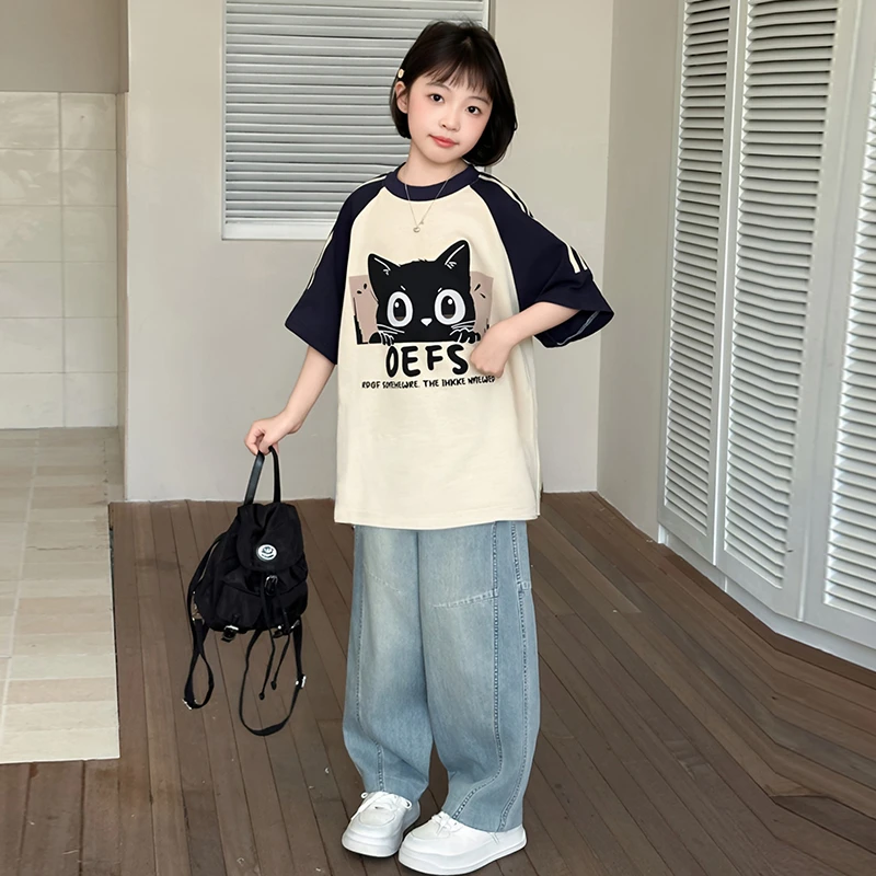 女童夏季韩版时尚短袖T恤2025新款中大儿童6-12-15宽松牛仔弯刀裤