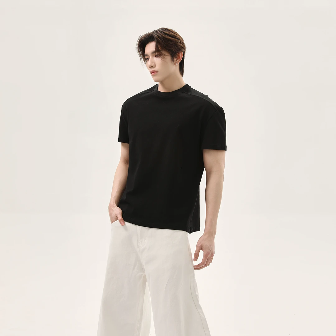 TURNTIDE小众重磅纯棉休闲百搭宽松纯色圆领短袖T恤男夏上衣男生