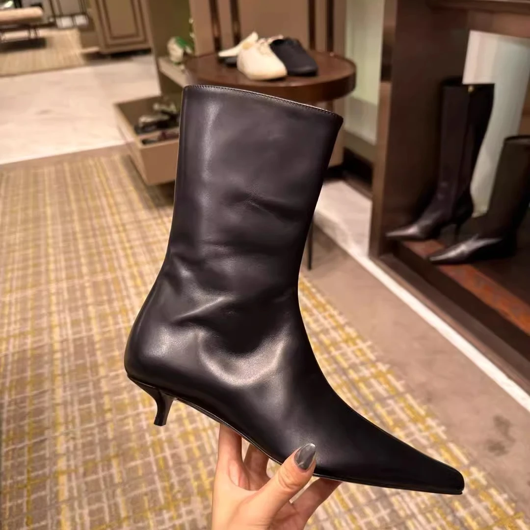 【CBMT官方正品】小牛皮高级感尖头猫跟瘦瘦靴中筒靴秋冬新款真皮