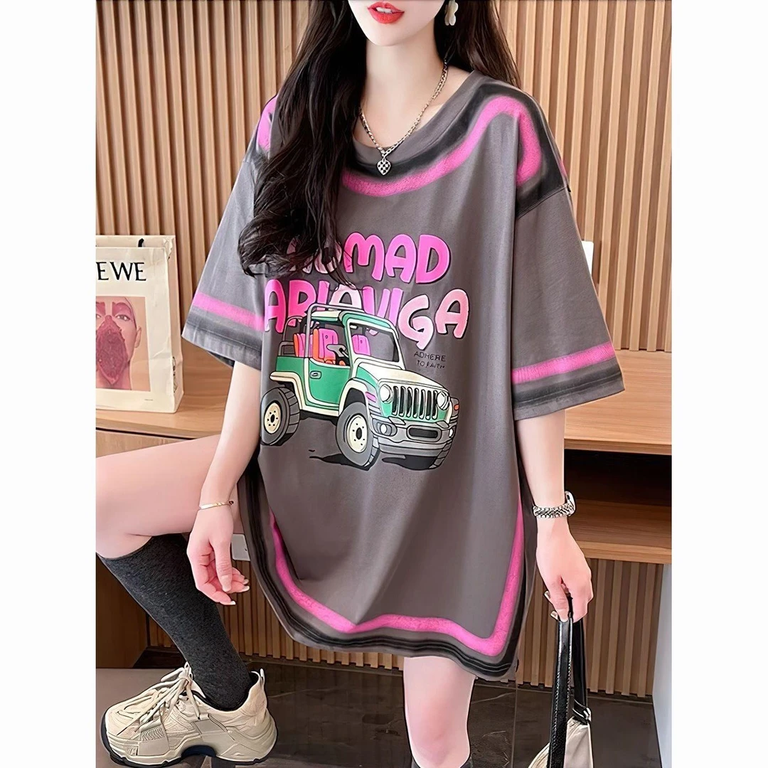 夏季设计感别致洋气纯棉短袖恤女中长款大码胖宽松遮肚子上衣