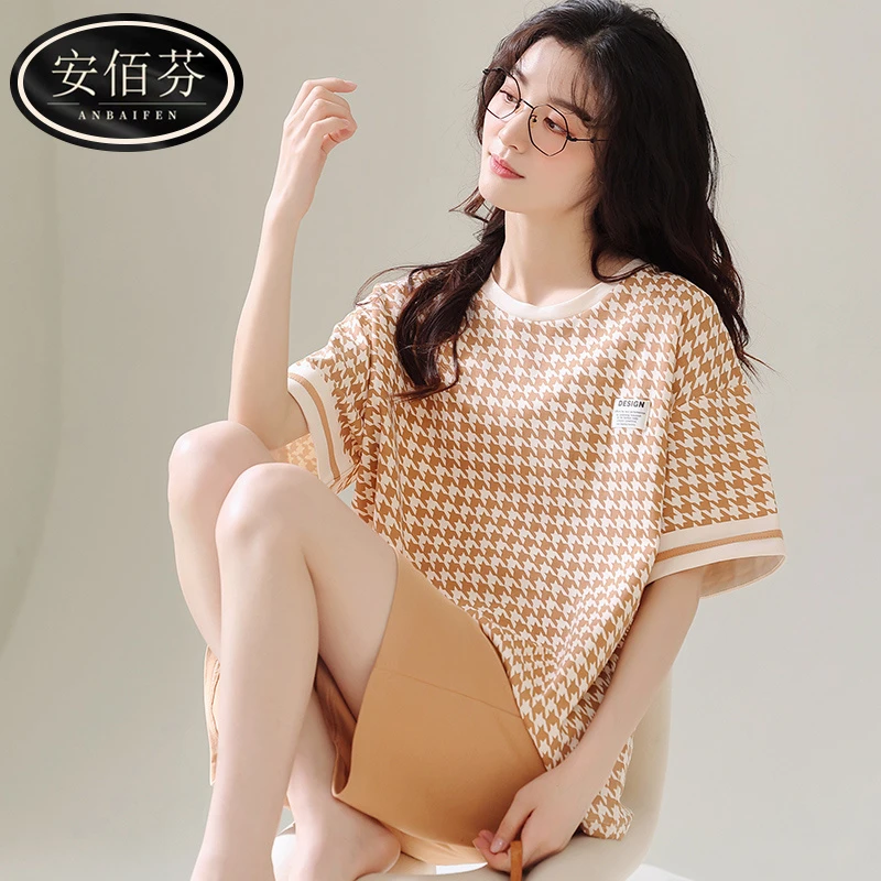 安佰芬睡衣女士纯棉100%全棉短袖夏季新款2024可外出穿家居服夏天