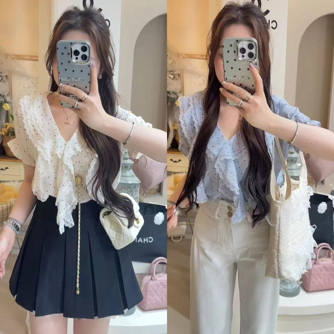 5129法式甜妹波点蕾丝拼接荷叶边小衫