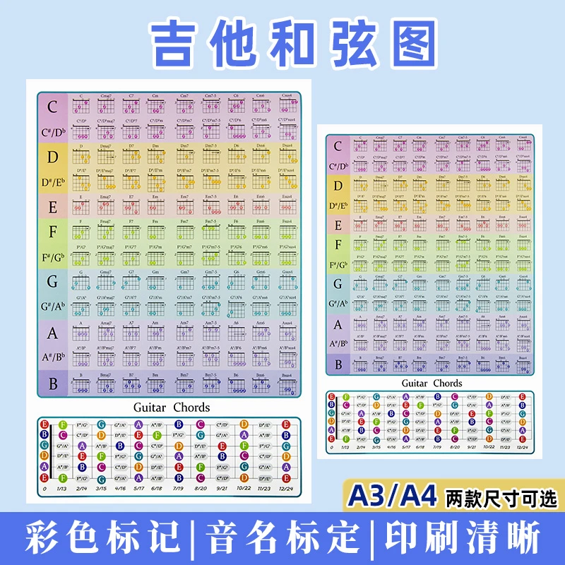 吉他和弦图练习谱双铜纸质单面耐磨耐用 民谣吉他和弦图专业配件
