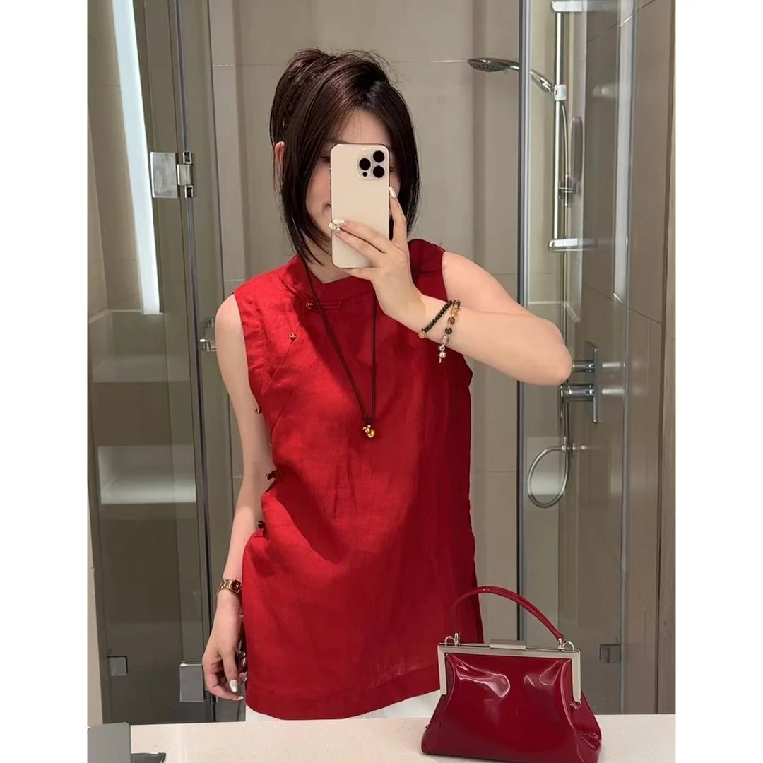 豆子推荐【一曲情歌】 99681夏季中长款盘扣显瘦新中式无袖上衣