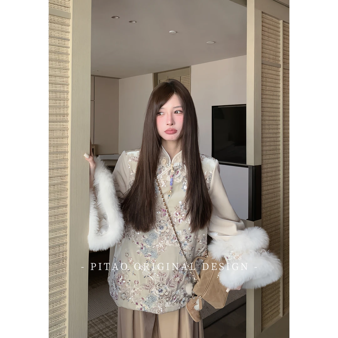 杜屁屁桃PITAO 原创【浮香绕枝】新中式斜襟重工刺绣90白鸭绒羽绒服
