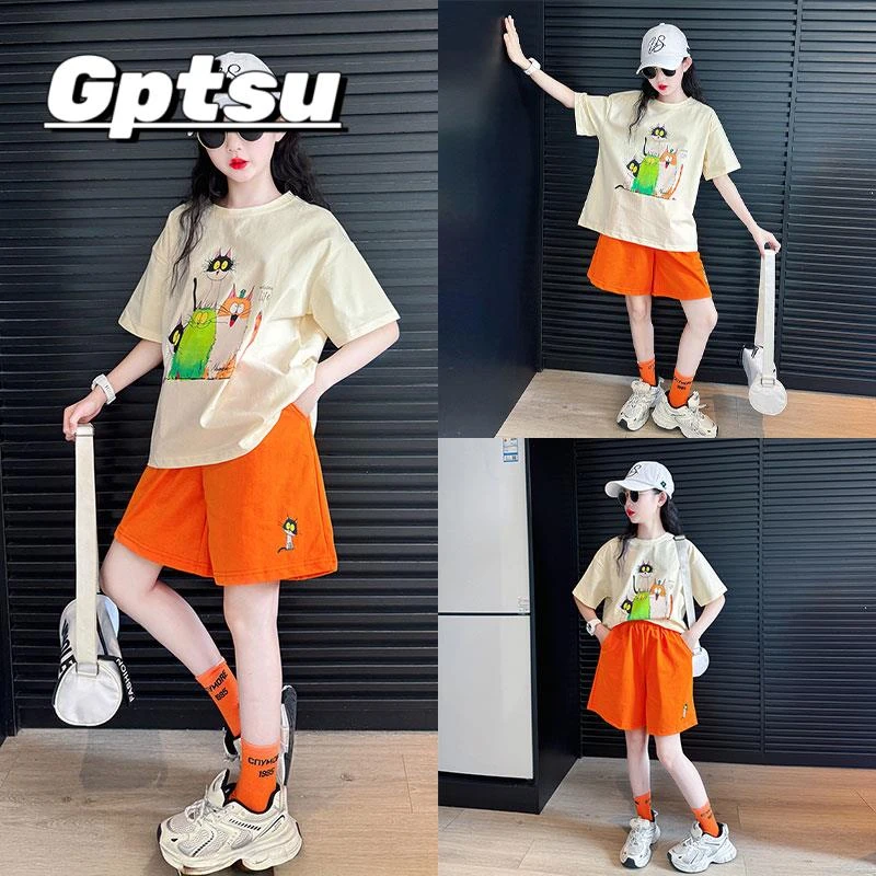 GPTSu女大童夏日套装2025新款女孩短袖短裤夏装儿童韩版休闲衣服