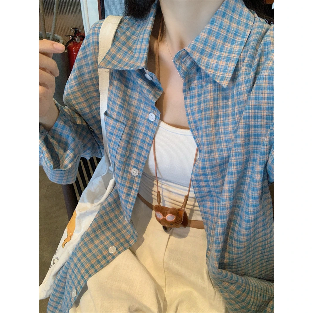 章若楠同款蓝色格子衬衫外套女夏季氛围感宽松翻领百搭防晒衫衬衣