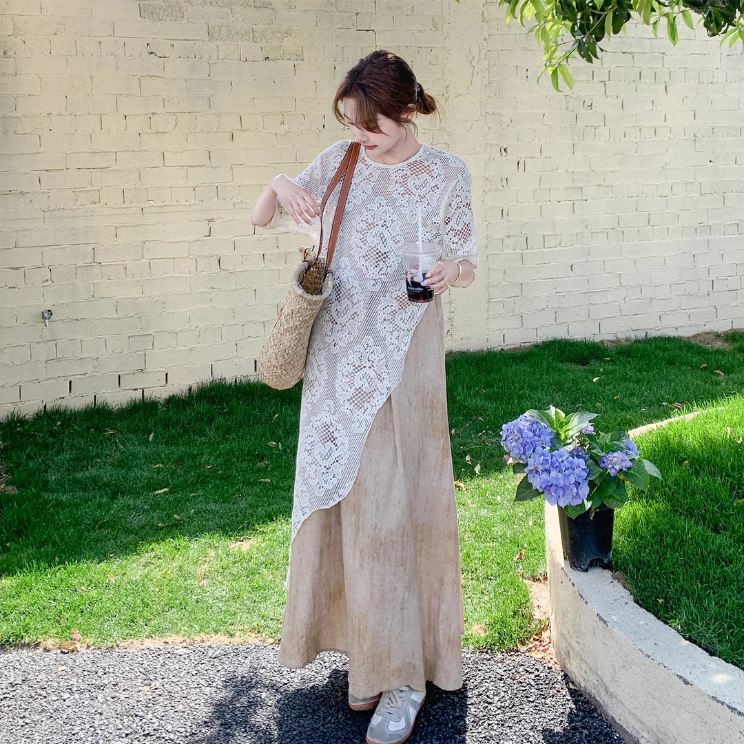 蕾丝罩衫叠穿套装裙女夏2025新款浪漫法式氛围感扎染吊带裙两件套