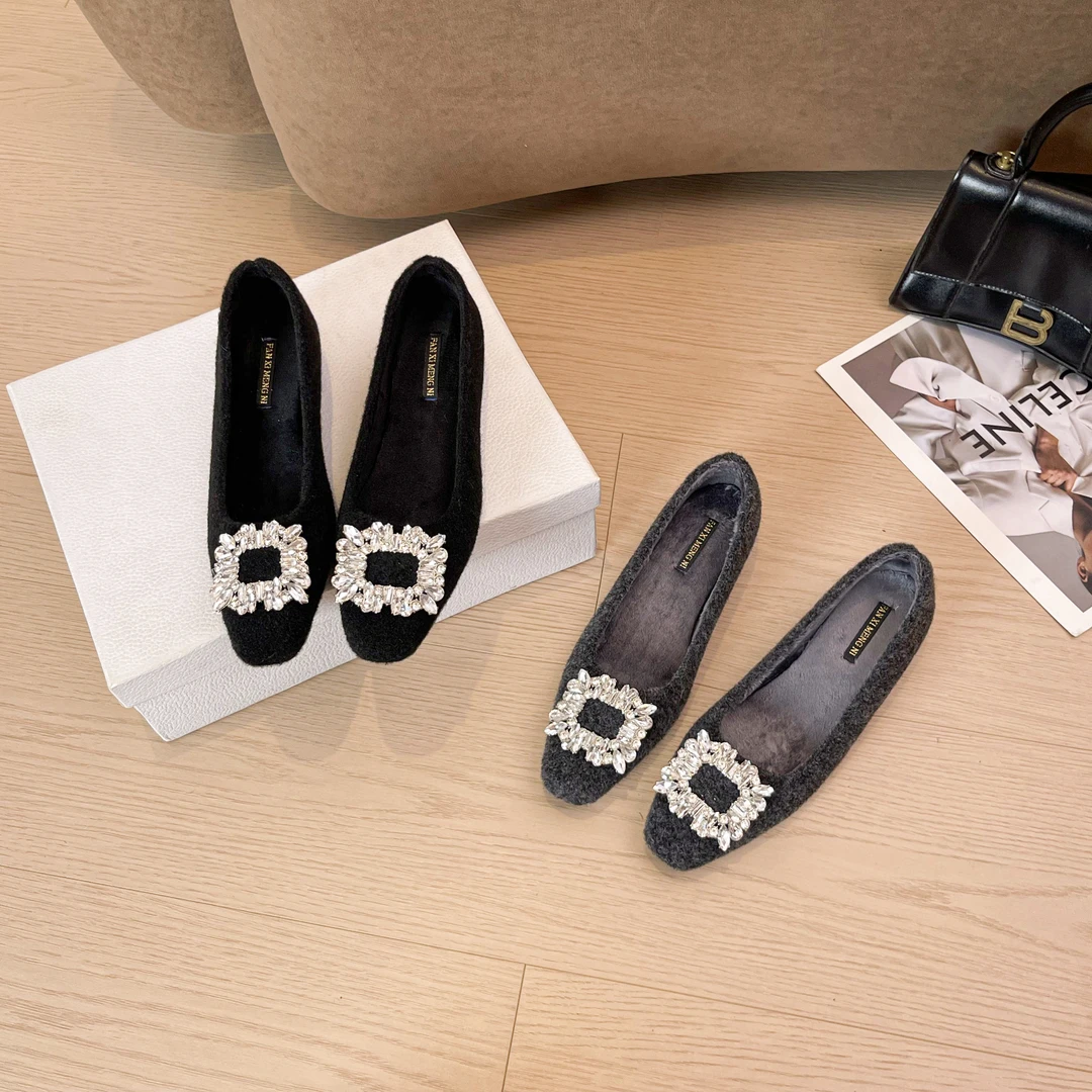 2025新款休闲风韩版镶嵌水钻方头浅口单鞋瓢鞋法式女鞋方扣