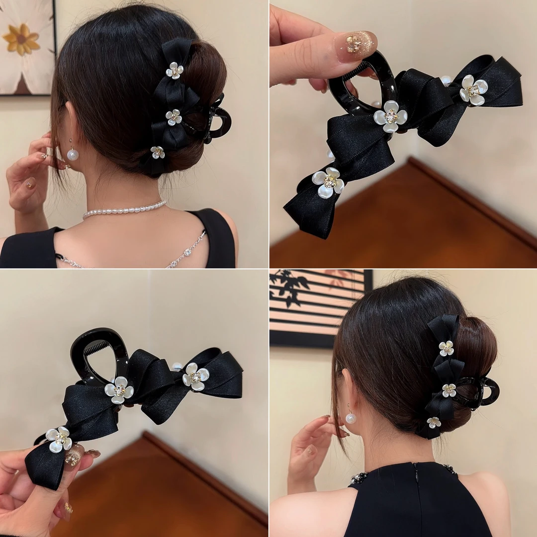 气质秋冬2025法式蝴蝶结山茶花盘发鲨鱼夹丸子头后脑勺发饰抓夹