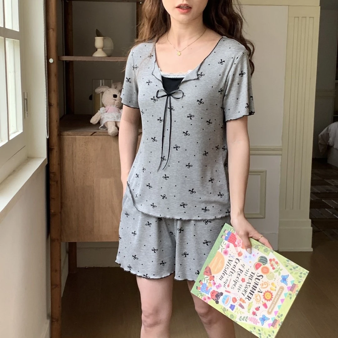 莫代尔家居服短袖短裤套装2025新款可外穿带胸垫纯欲女亲肤睡衣夏