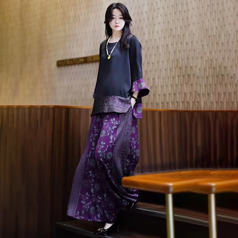 8325欧货高端中老年妈妈真丝套装时尚加肥大码200斤阔腿裤两件套