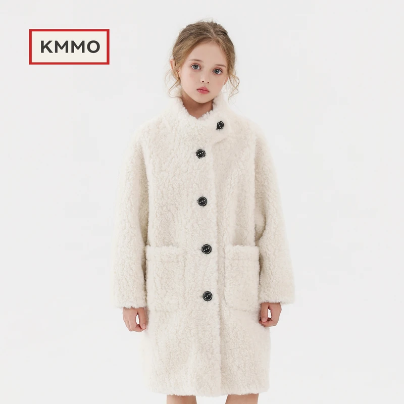 KMMO女童皮草外套2025冬季新款儿童仿羊羔毛大衣加厚中长款童装