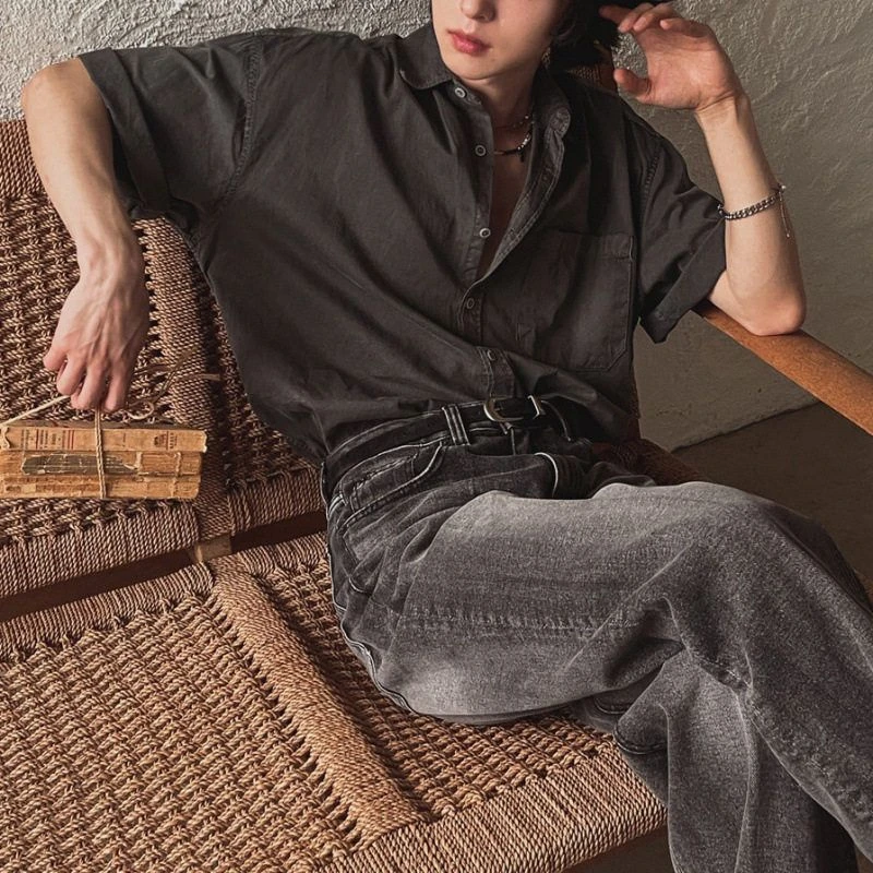 半袖Q韩系宽松MY通勤风夏季衬衣男士水洗休闲短袖衬衫上衣痞帅