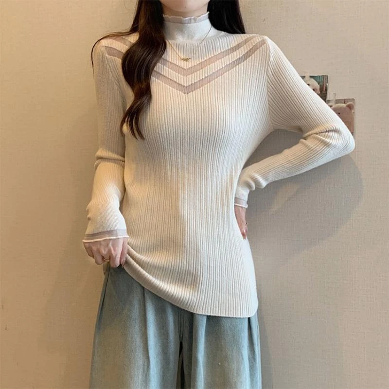 高级感网纱针织衫半高领毛衣大码女装2025秋冬胖mm内搭打底衫上衣