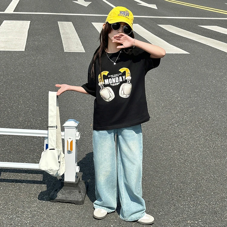 女童夏季短袖T恤牛仔裤套装2025新款中大童洋气女孩夏装两件套潮